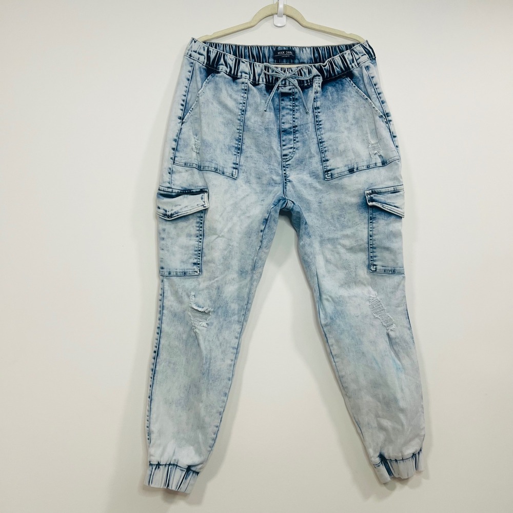 Wax Jean Los Angeles Acid Wash Cargo Joggers‎ Light Blue Distressed 2XL